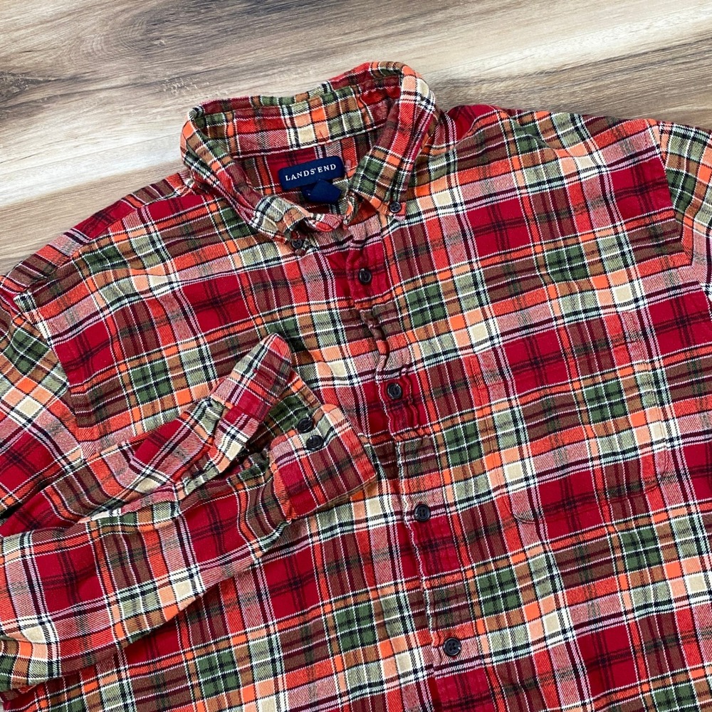 Lands' End Flannel Shirt Mens XL Heritage Cotton Classic Fit‎ Red Plaid Workwear